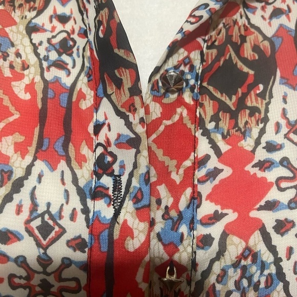 Sans Souci women's S semi sheer sleeveless artsy boho print button back top GUC - Picture 3 of 7